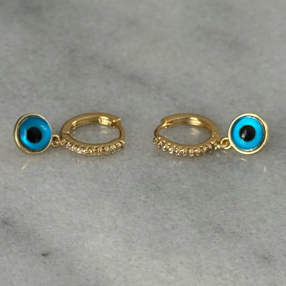 Gold Crystal Pave Evil Eye Blue Charm Earrings 

Brand New